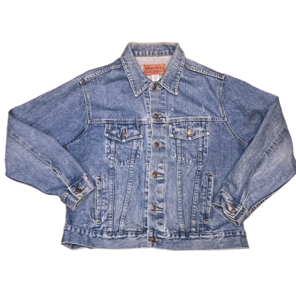 Reliq Denim Blue Jean Jacket Mens Medium Vintage Distressed Medium Wash Cotton